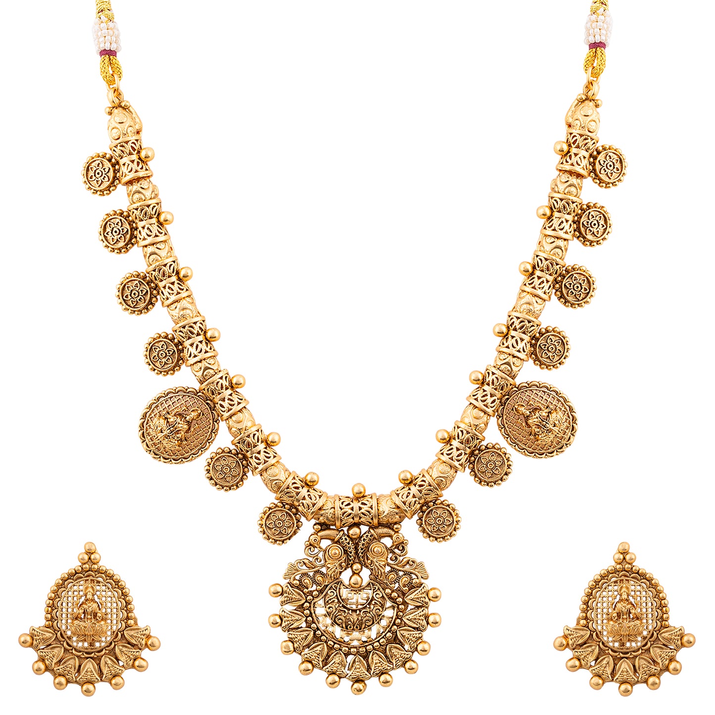 Temple Design Gold-Plated Necklace and Earrings Set, Traditional Indian Style, Goddess Motif