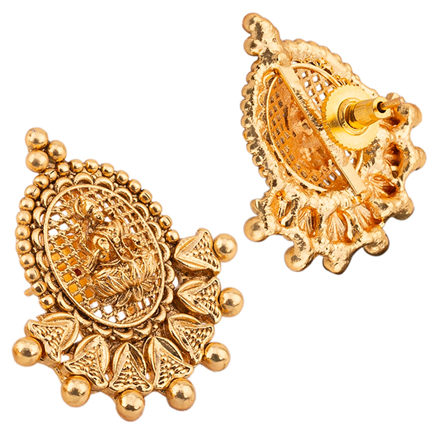 Temple Design Gold-Plated Necklace and Earrings Set, Traditional Indian Style, Goddess Motif
