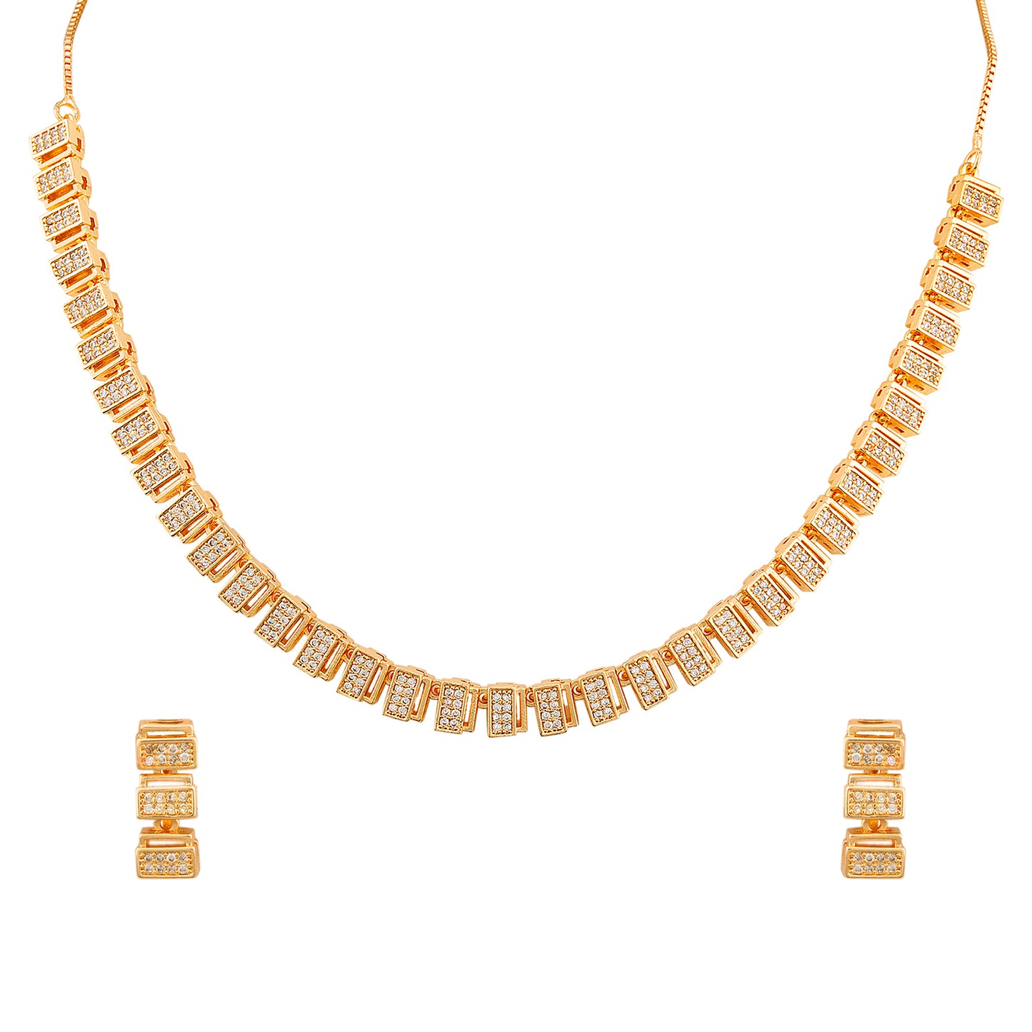 Jewellity Crystal-Studded Sleek Gold Necklace and Earrings Set