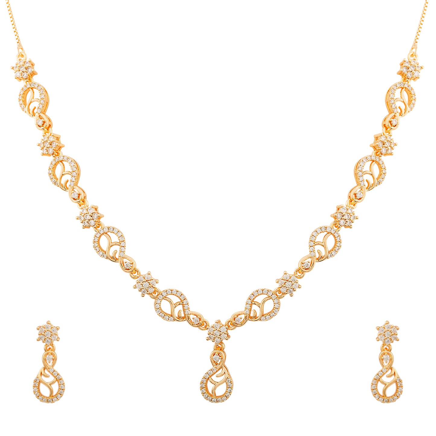 Jewellity Crystal-Studded Gold-Plated Necklace and Earrings Set, Modern Floral Paisley Design, Sleek Look, Rose Gold Finish, NSG-109