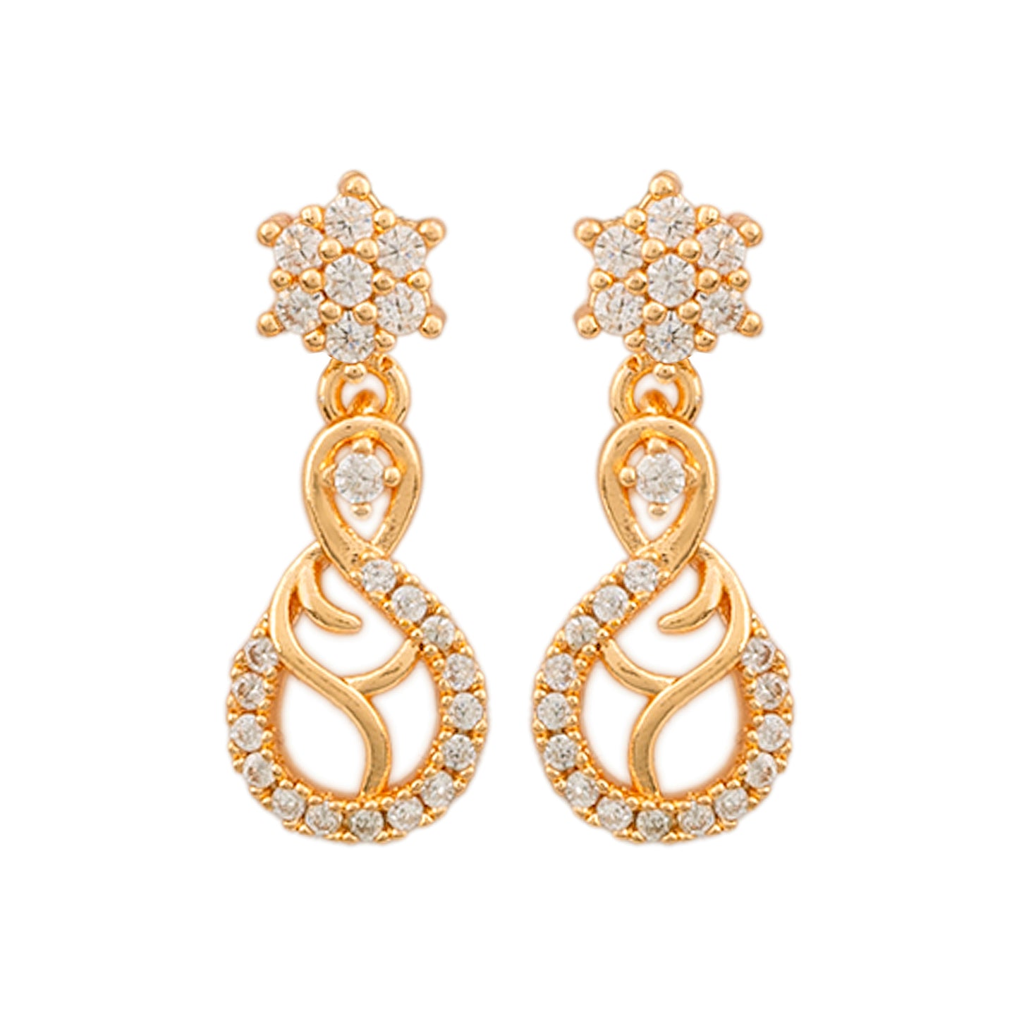 Jewellity Crystal-Studded Gold-Plated Necklace and Earrings Set, Modern Floral Paisley Design, Sleek Look, Rose Gold Finish, NSG-109