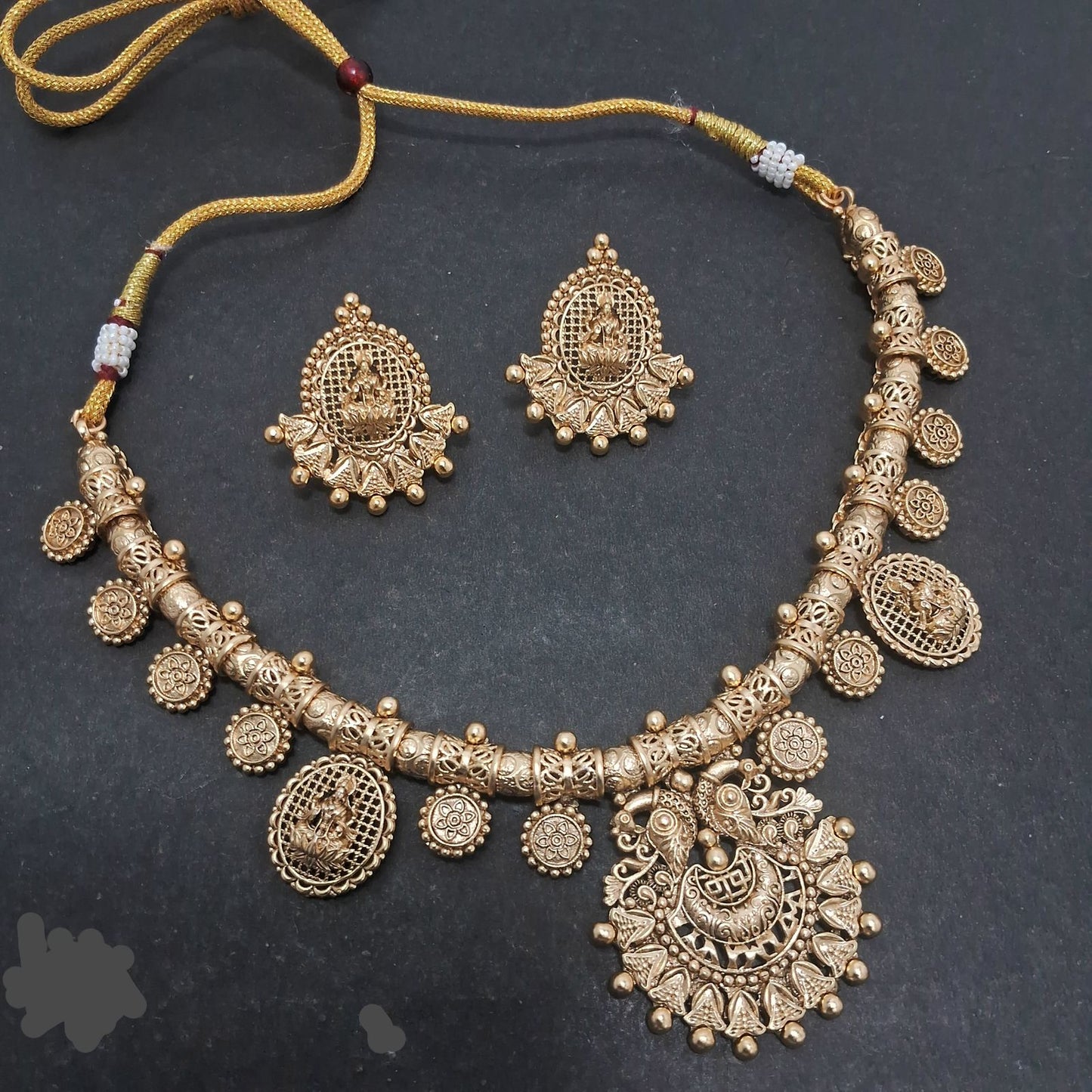 Temple Design Gold-Plated Necklace and Earrings Set, Traditional Indian Style, Goddess Motif