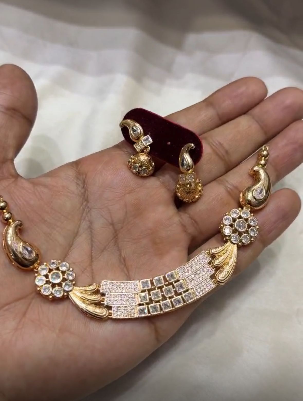 Jewellity Crystal Studded Gold-Plated Necklace and Earrings Set, Floral Design with Paisley Pattern, NSG-108