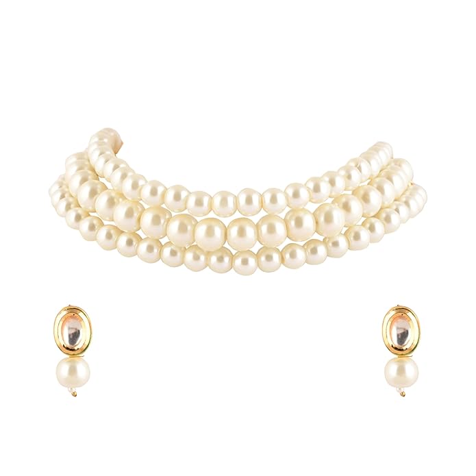 Three Line Pearl Choker Necklace with Gold Kundan Stud Earrings (NSK-5269)