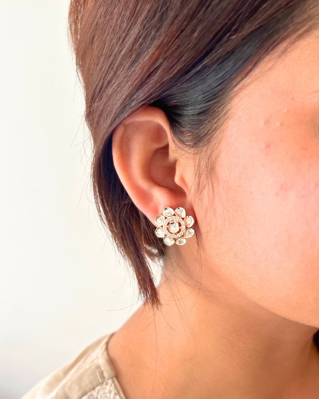 Floral Polki Crystal Stud Earrings (Rose Gold Finish)