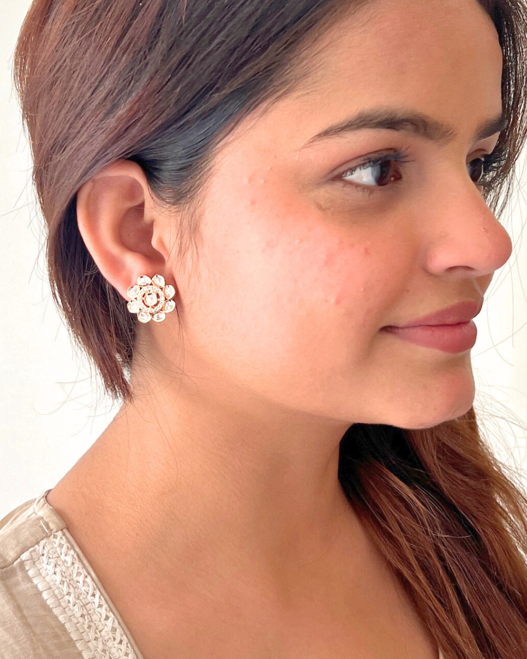 Floral Polki Crystal Stud Earrings (Rose Gold Finish)