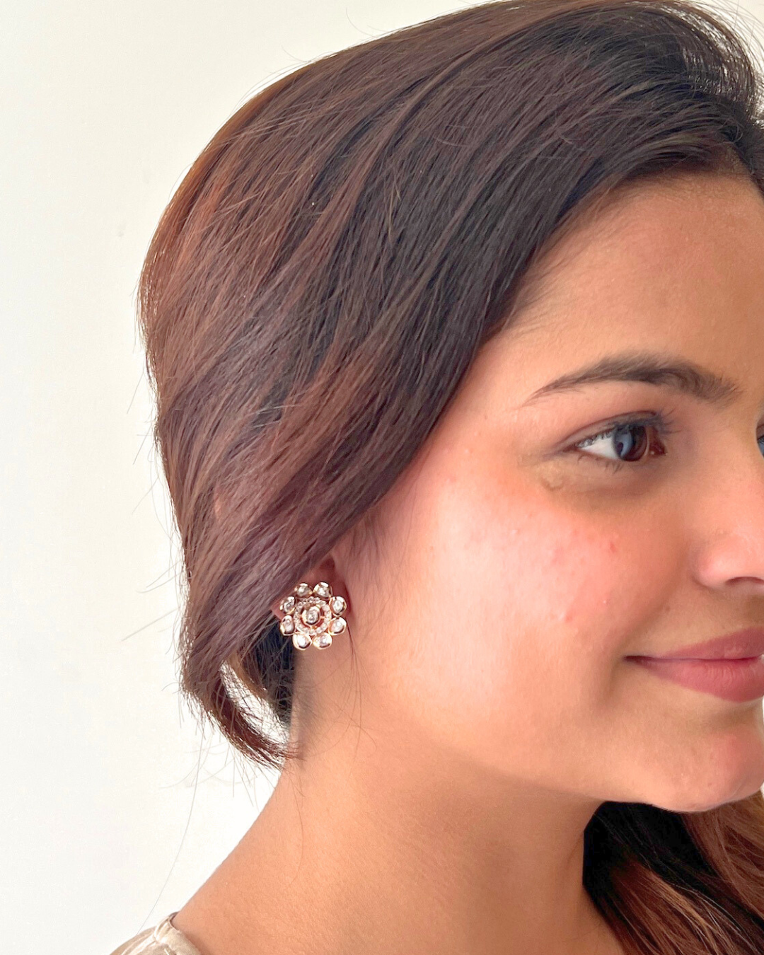 Floral Polki Crystal Stud Earrings (Rose Gold Finish)