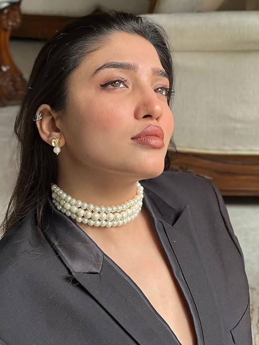 Three Line Pearl Choker Necklace with Gold Kundan Stud Earrings (NSK-5269)