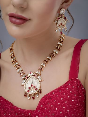 Jewellity Ruby Red Stone with Kundan and White Pearls Designer Necklace With Earrings For Women NSG-195