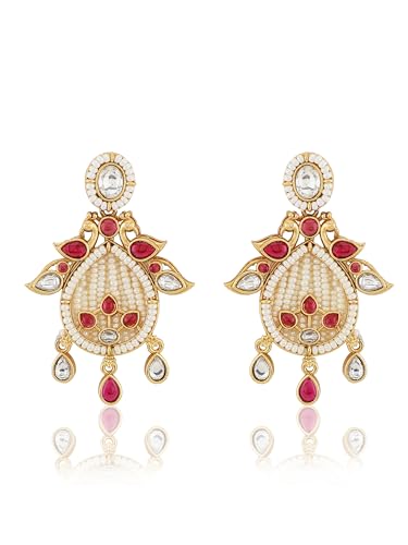 Jewellity Ruby Red Stone with Kundan and White Pearls Designer Necklace With Earrings For Women NSG-195