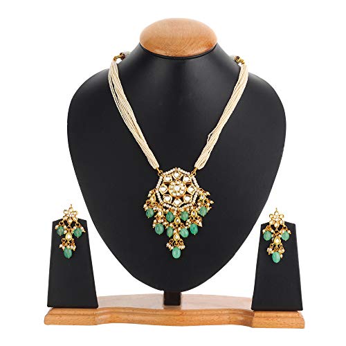 Golden White Pendant Set With Green Beads