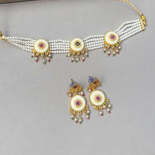 Jewellity Pearl Necklace Set with MOP Statement Pieces with Multicolour Stones and Earrings For Women/Girls NSG-1115