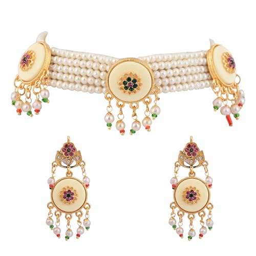 Jewellity Pearl Necklace Set with MOP Statement Pieces with Multicolour Stones and Earrings For Women/Girls NSG-1115