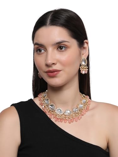 Jewellity Peach Beads and Foil Kundan Golden Necklace with Earrings for Girls/Women NSK-5160