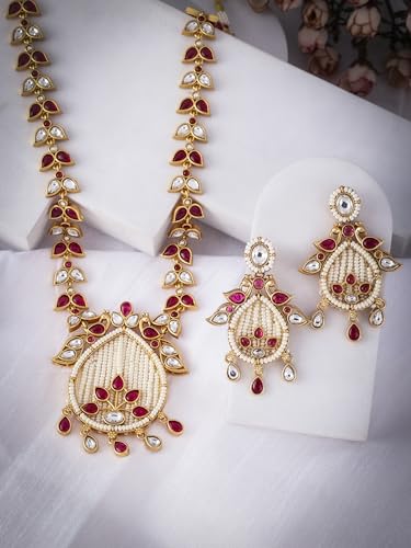 Jewellity Ruby Red Stone with Kundan and White Pearls Designer Necklace With Earrings For Women NSG-195