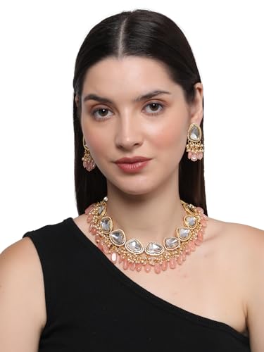 Jewellity Peach Beads and Foil Kundan Golden Necklace with Earrings for Girls/Women NSK-5160