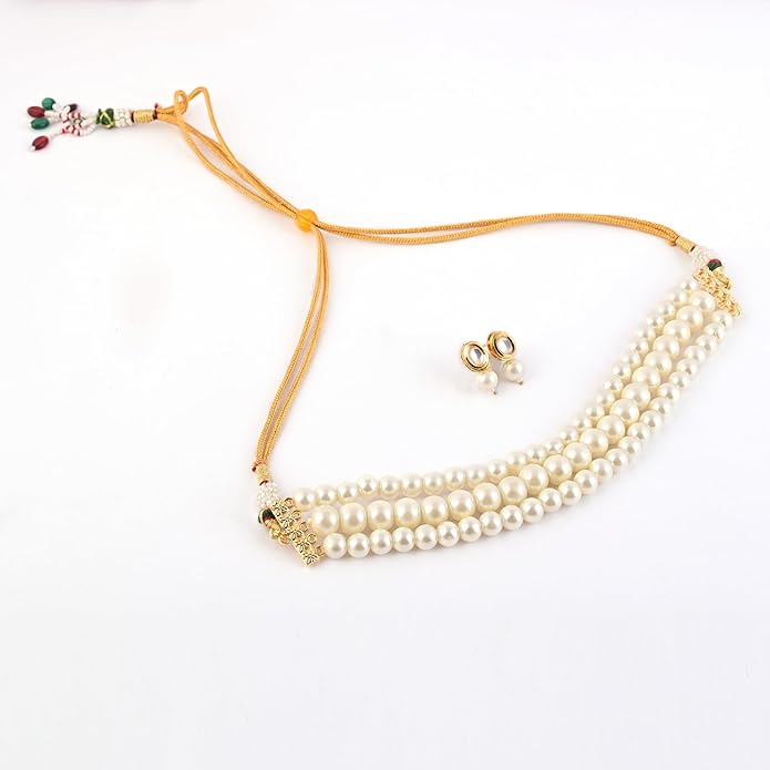 Three Line Pearl Choker Necklace with Gold Kundan Stud Earrings (NSK-5269)