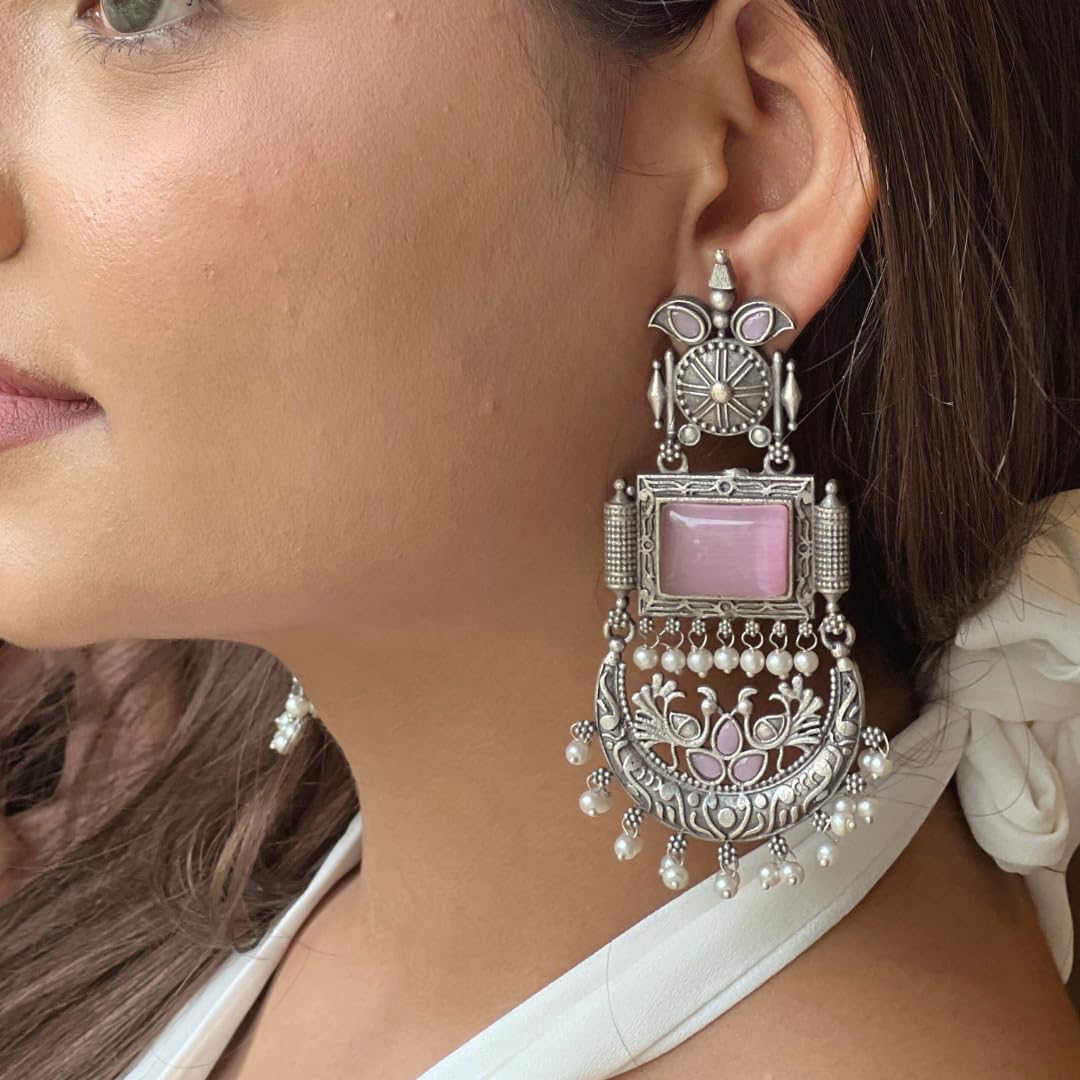 Jewellity Pink Stone Oxidised Silver Fashion Earrings For Girls/Women ERF-320