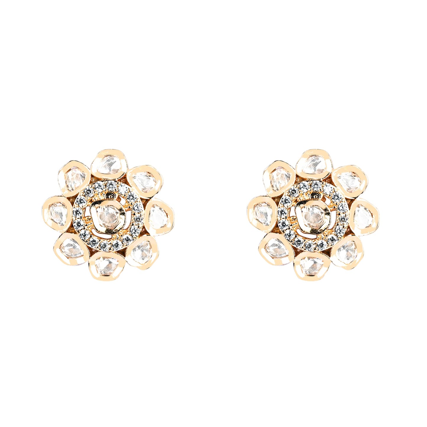 Floral Polki Crystal Stud Earrings (Rose Gold Finish)