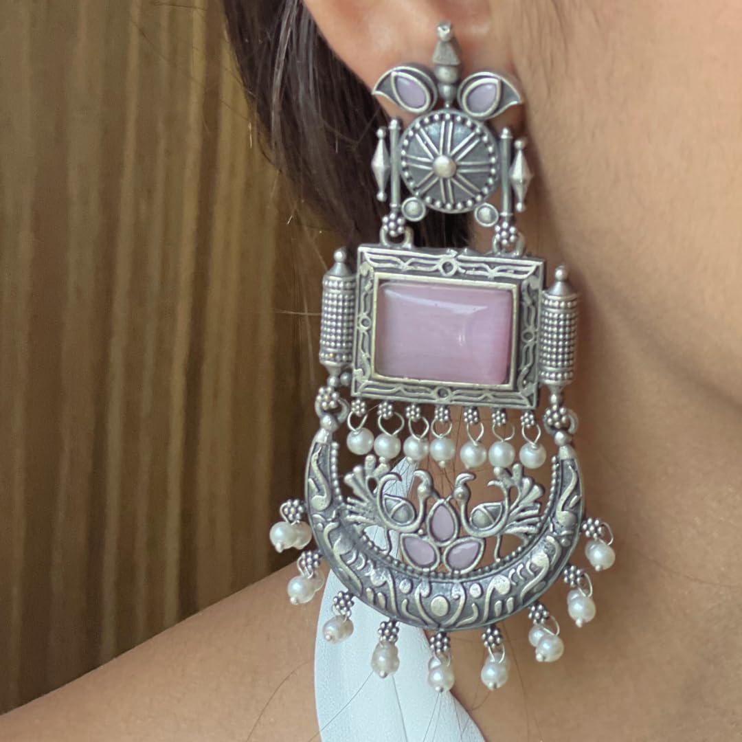 Jewellity Pink Stone Oxidised Silver Fashion Earrings For Girls/Women ERF-320