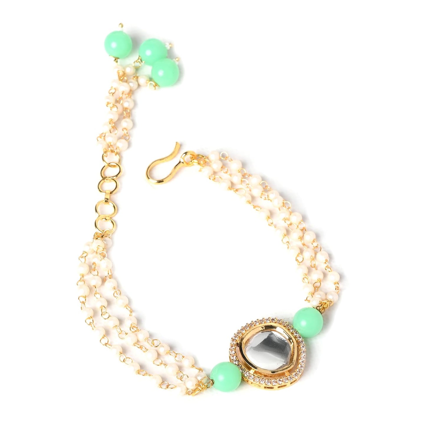 Jewellity Light Green Foil Kundan and Pearl bracelet/handchain/haathphool (pair) for women/Girls HCK-5176