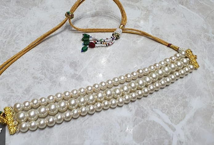 Three Line Pearl Choker Necklace with Gold Kundan Stud Earrings (NSK-5269)