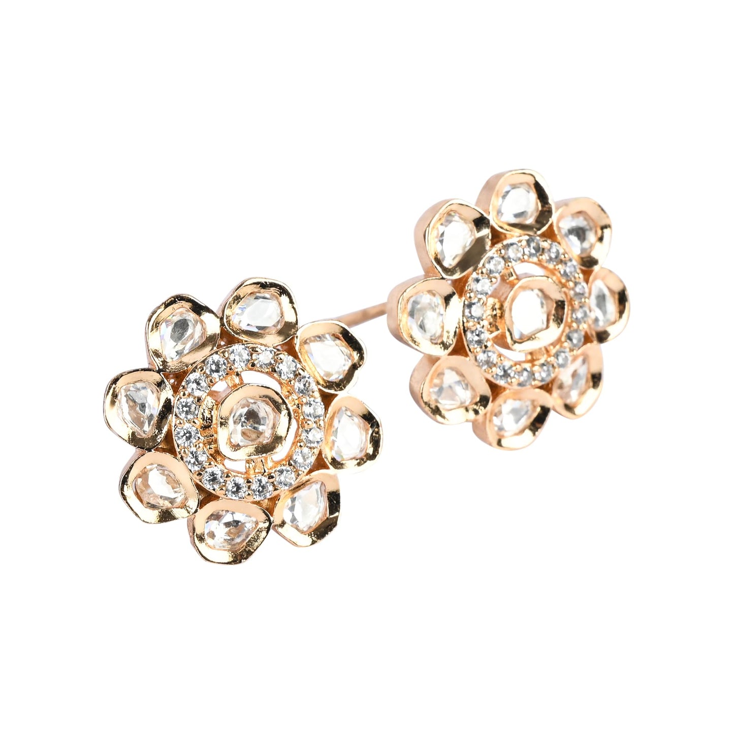 Floral Polki Crystal Stud Earrings (Rose Gold Finish)