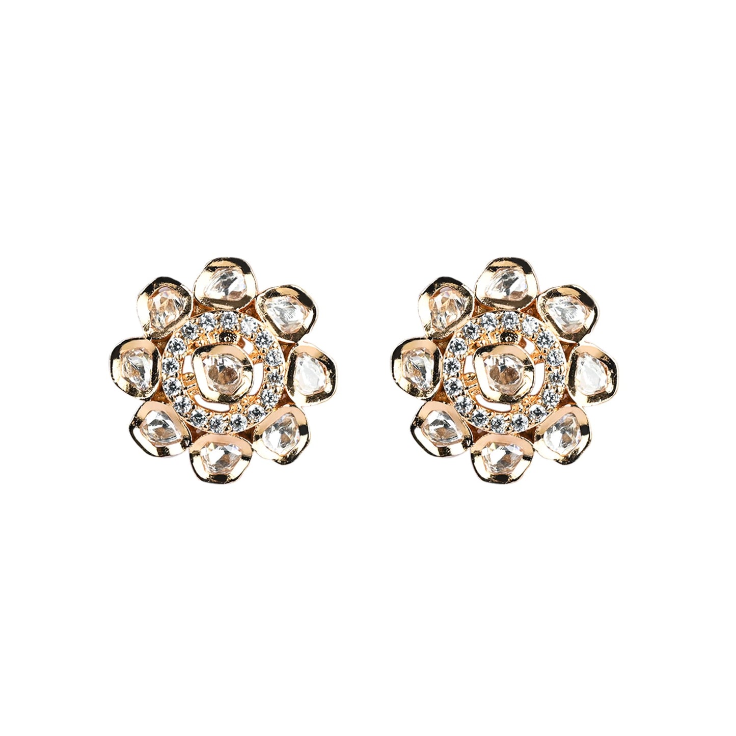 Floral Polki Crystal Stud Earrings (Rose Gold Finish)