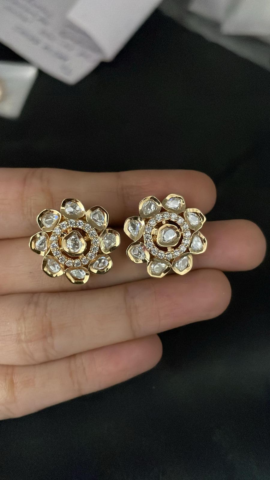 Floral Polki Crystal Stud Earrings (Rose Gold Finish)