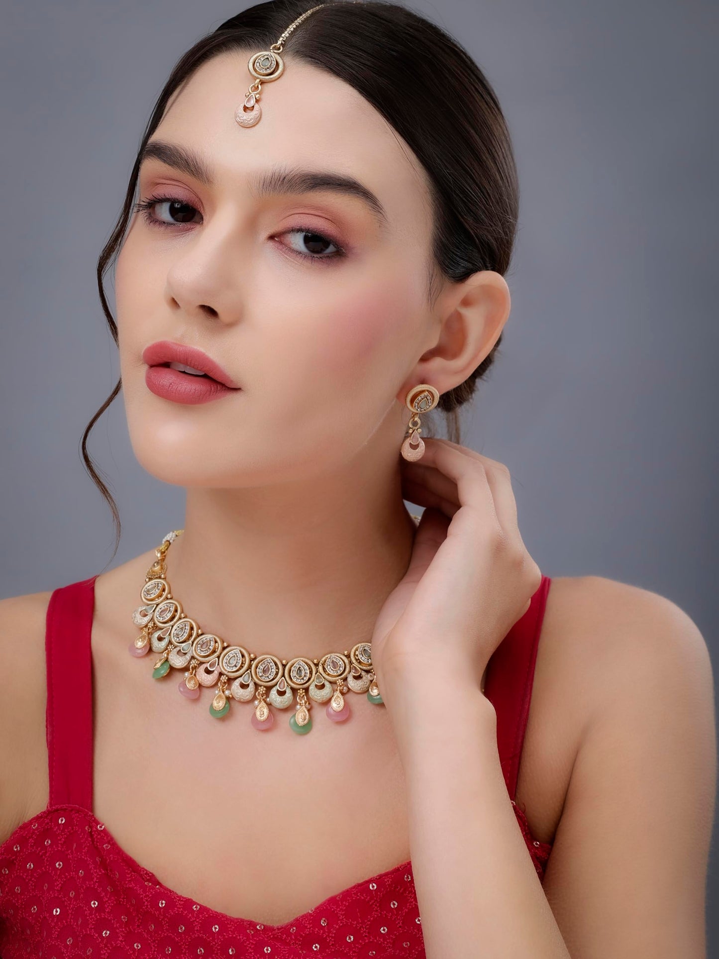 Jewellity Pastel colour Meenakari Gold Necklace With Earrings and Tika For Women/Girls NSTG-192