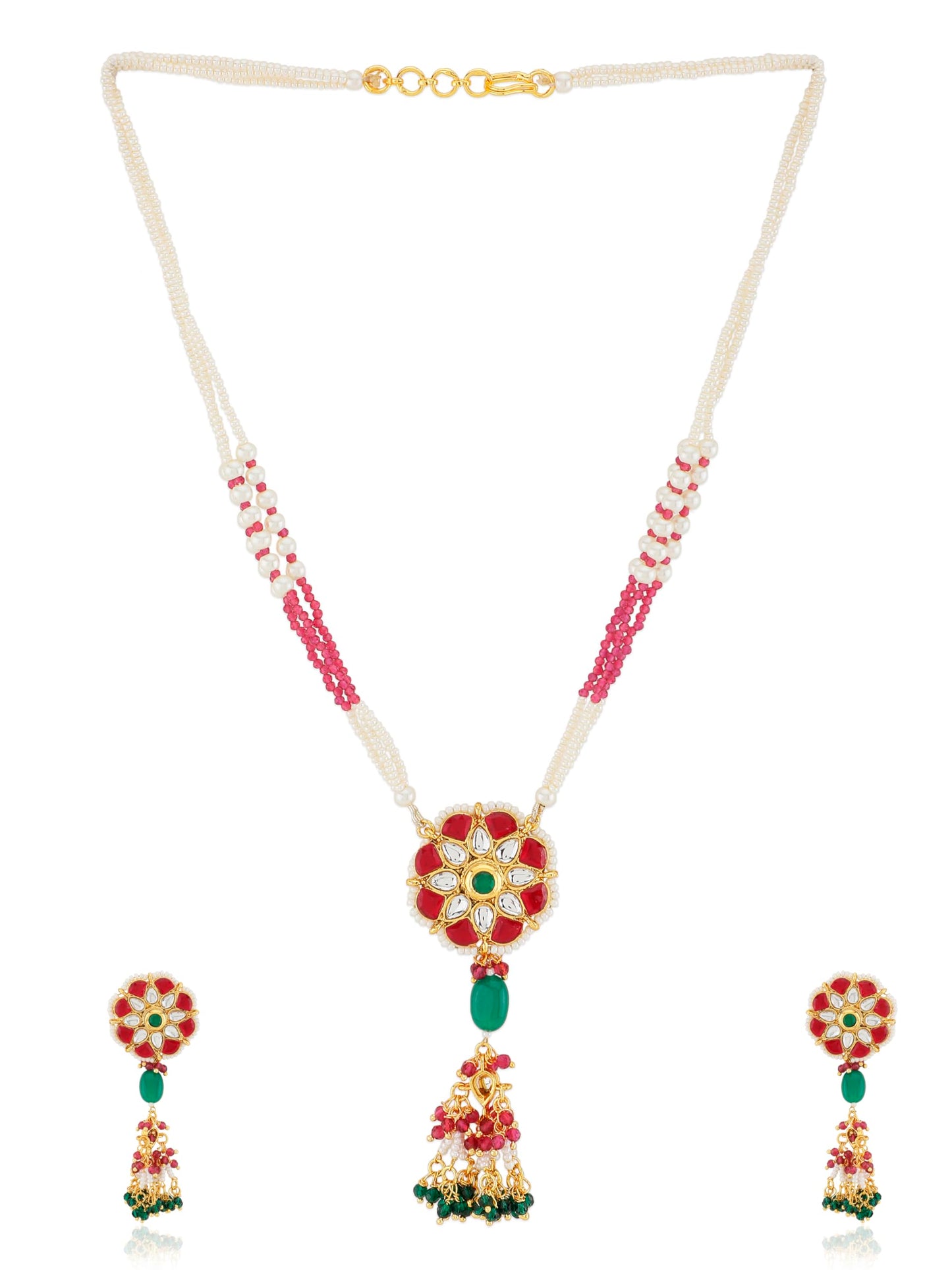 Jewellity Ruby Red, White and Green Designer Pendant Necklace With Earrings Set For Girls/Women PSG-199