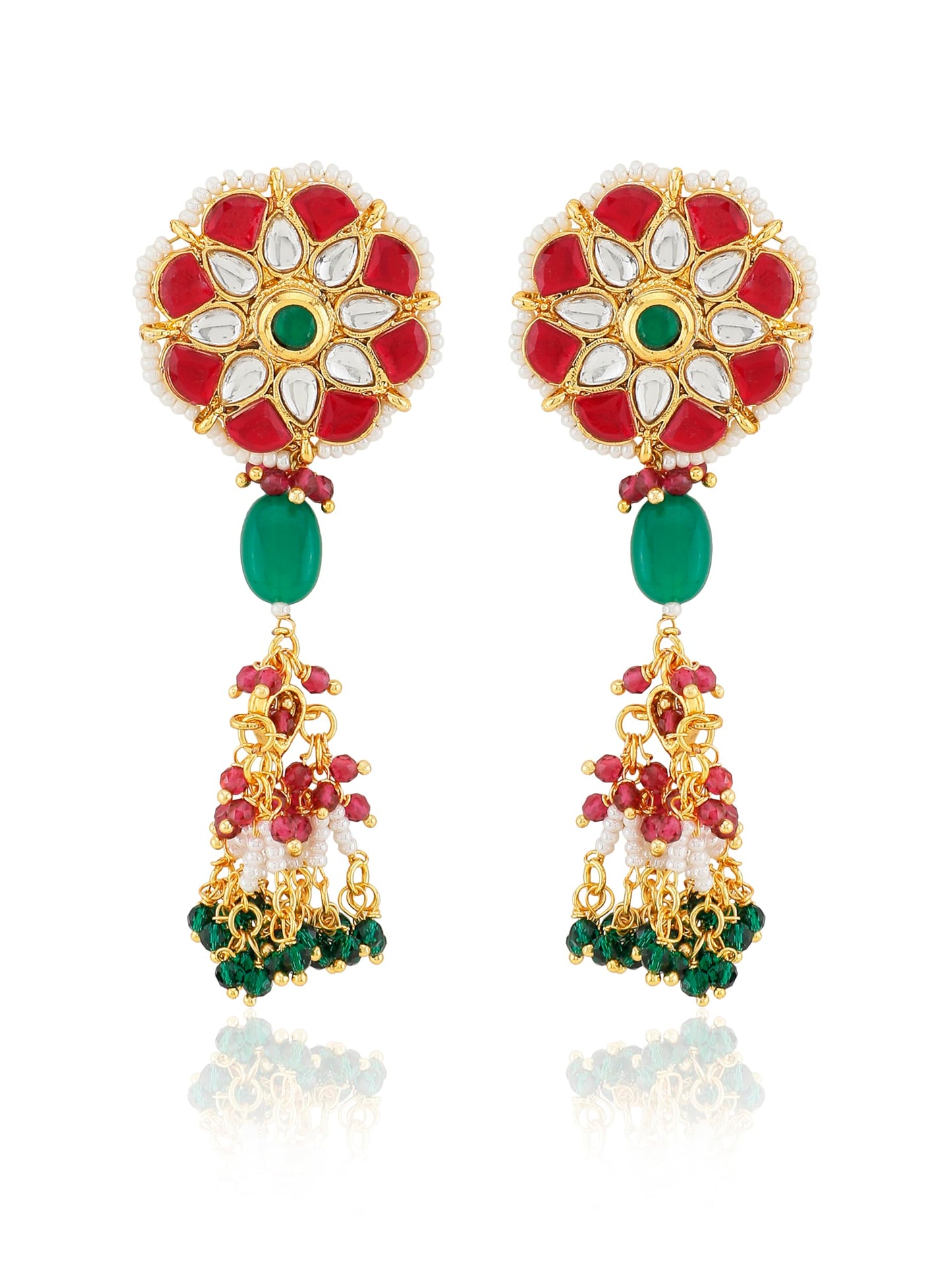 Jewellity Ruby Red, White and Green Designer Pendant Necklace With Earrings Set For Girls/Women PSG-199