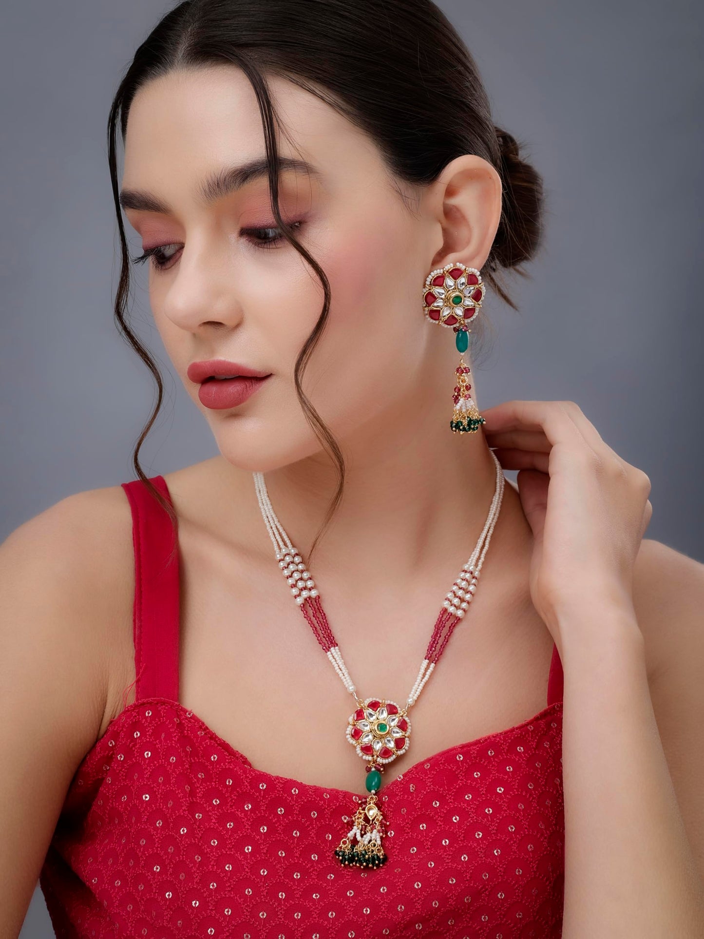 Jewellity Ruby Red, White and Green Designer Pendant Necklace With Earrings Set For Girls/Women PSG-199