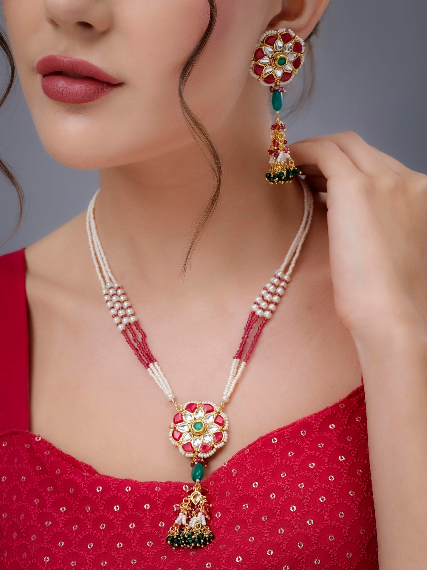 Jewellity Ruby Red, White and Green Designer Pendant Necklace With Earrings Set For Girls/Women PSG-199
