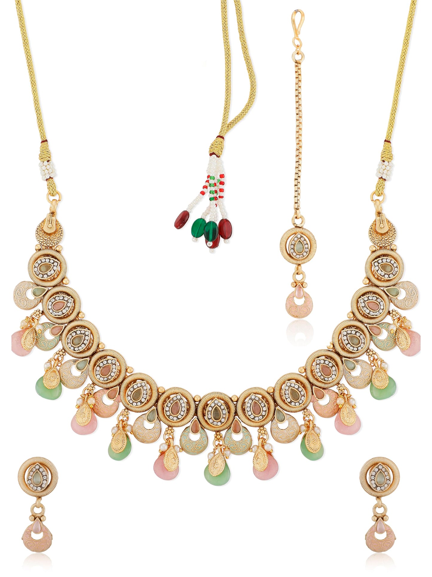 Jewellity Pastel colour Meenakari Gold Necklace With Earrings and Tika For Women/Girls NSTG-192