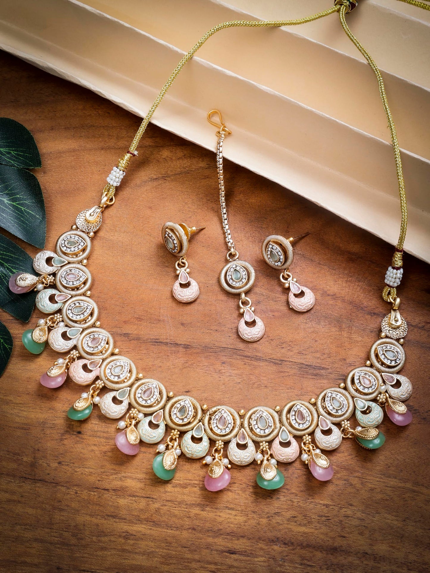 Jewellity Pastel colour Meenakari Gold Necklace With Earrings and Tika For Women/Girls NSTG-192