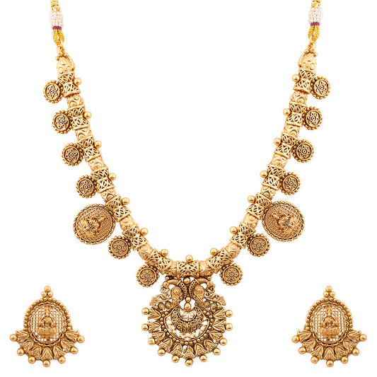 Temple Design Gold-Plated Necklace and Earrings Set, Traditional Indian Style, Goddess Motif