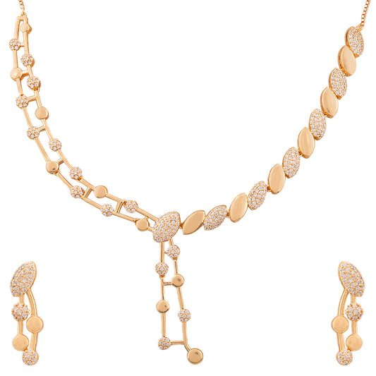 Jewellity Crystal-Studded Gold-Plated Necklace and Earrings Set, Sleek, Rose Gold Finish, With Adjustable Chain