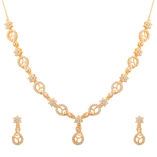 Jewellity Crystal-Studded Gold-Plated Necklace and Earrings Set, Modern Floral Paisley Design, Sleek Look, Rose Gold Finish, NSG-109
