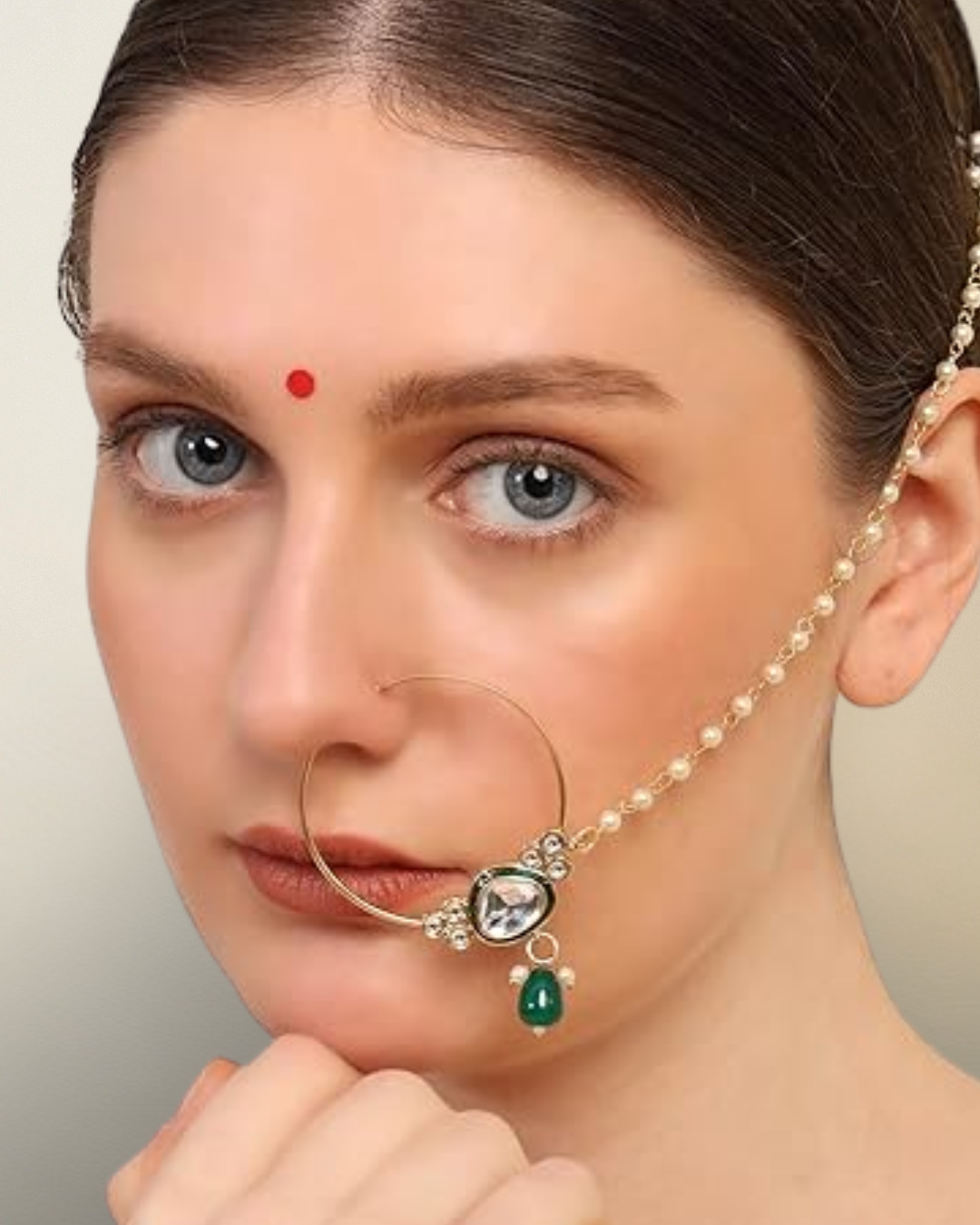 Traditional Bridal Nath Nose Ring with Kundan Stone