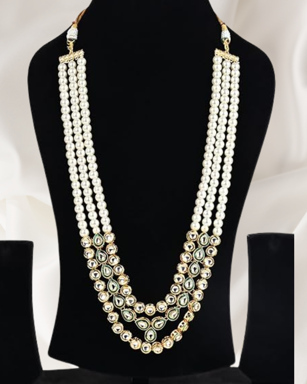Traditional Multi-Strand Green Kundan Stones  Pearl Necklace