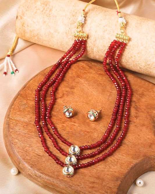 Kundan Three-Strand Red Onyx Beaded Necklace with Stud Earrings