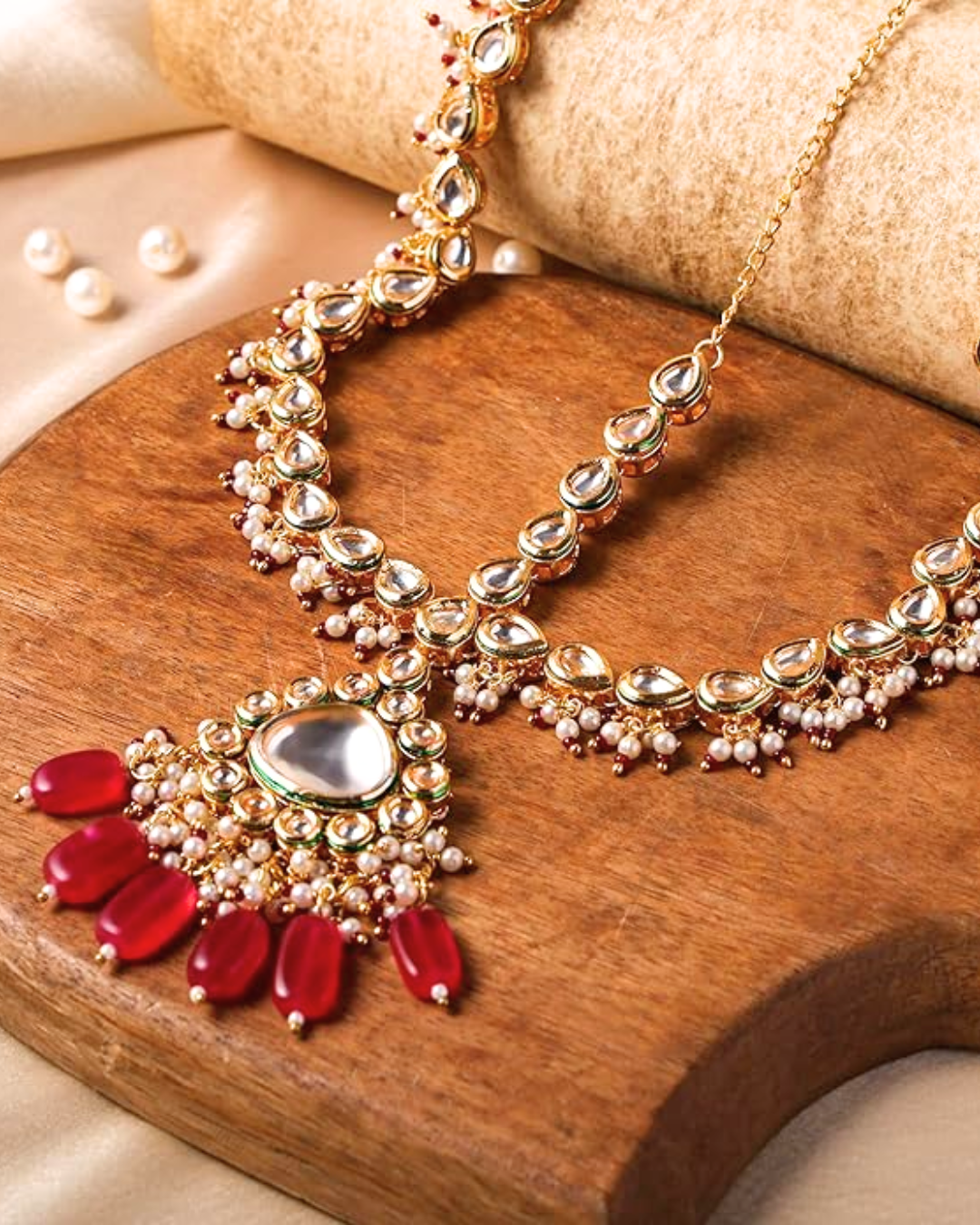 Ruby Kundan Mathapatti/Sheeshfool with Pearl Drops