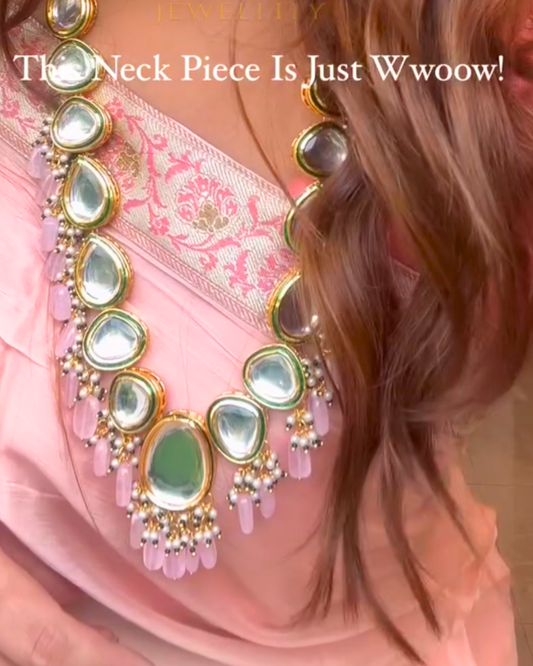 Pastel Pink Beads and Kundan Golden Long Necklace Set
