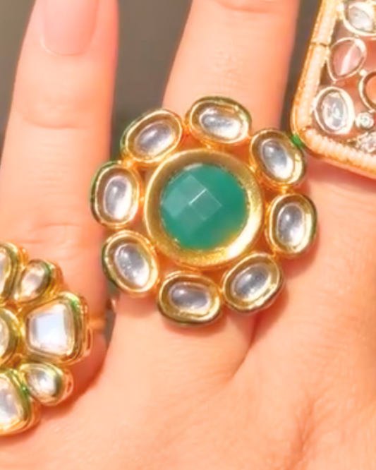 Green Golden Adjustable Kundan Ring
