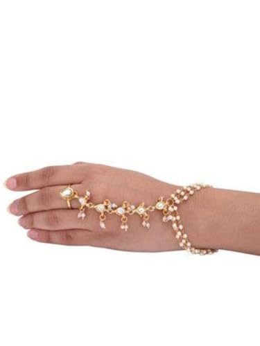 Jewellity Kundan and Pearl Gold Handchain with Adjustable Ring, Free Size, For Women and Girls HCK-5276