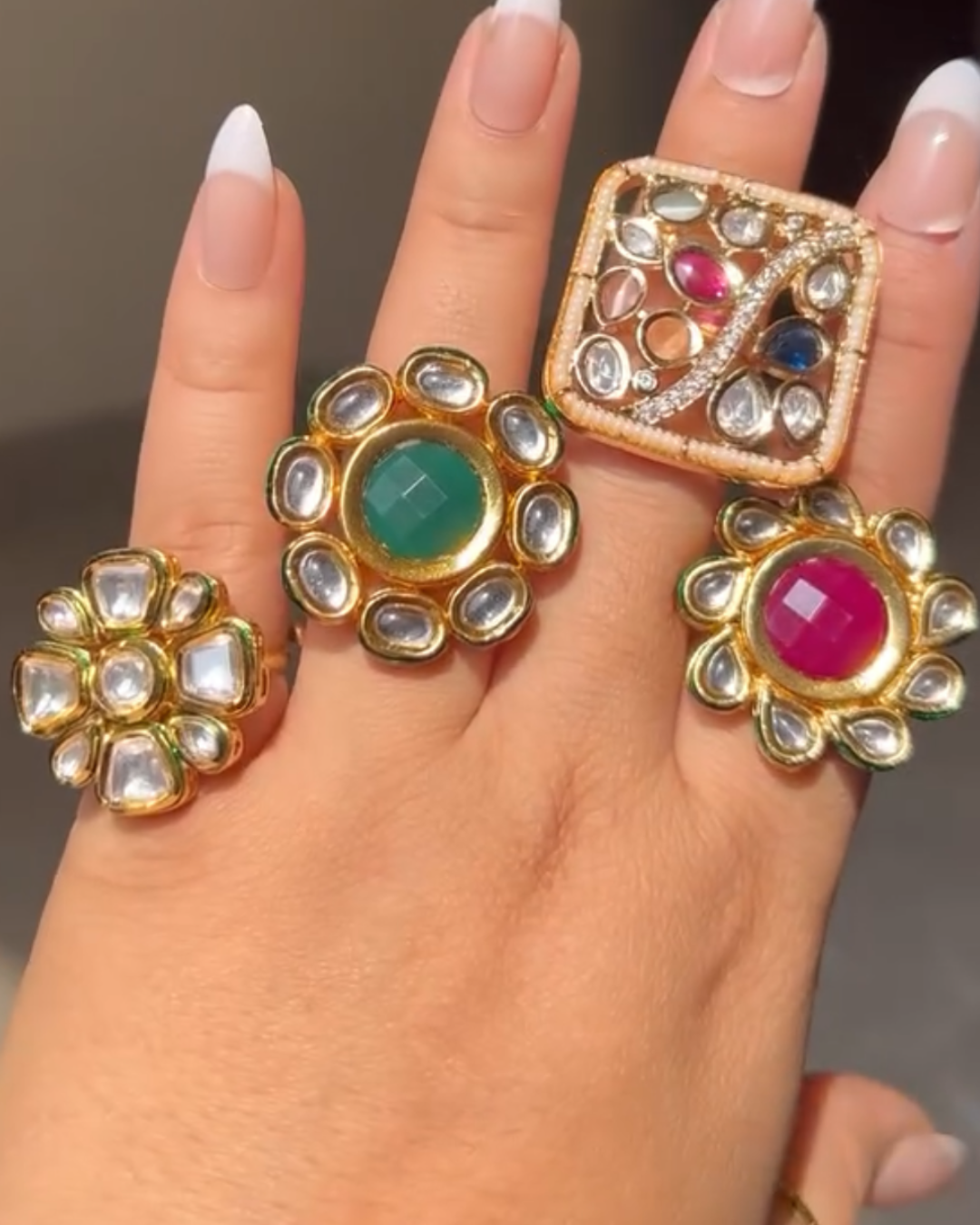 Green Golden Adjustable Kundan Ring