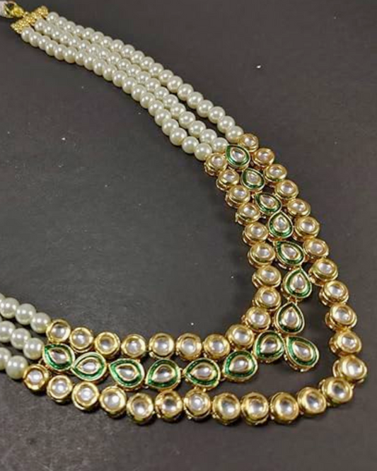 Traditional Multi-Strand Green Kundan Stones  Pearl Necklace
