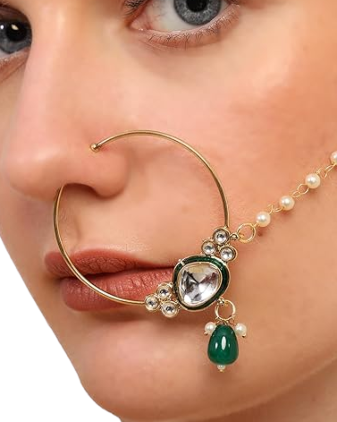 Traditional Bridal Nath Nose Ring with Kundan Stone