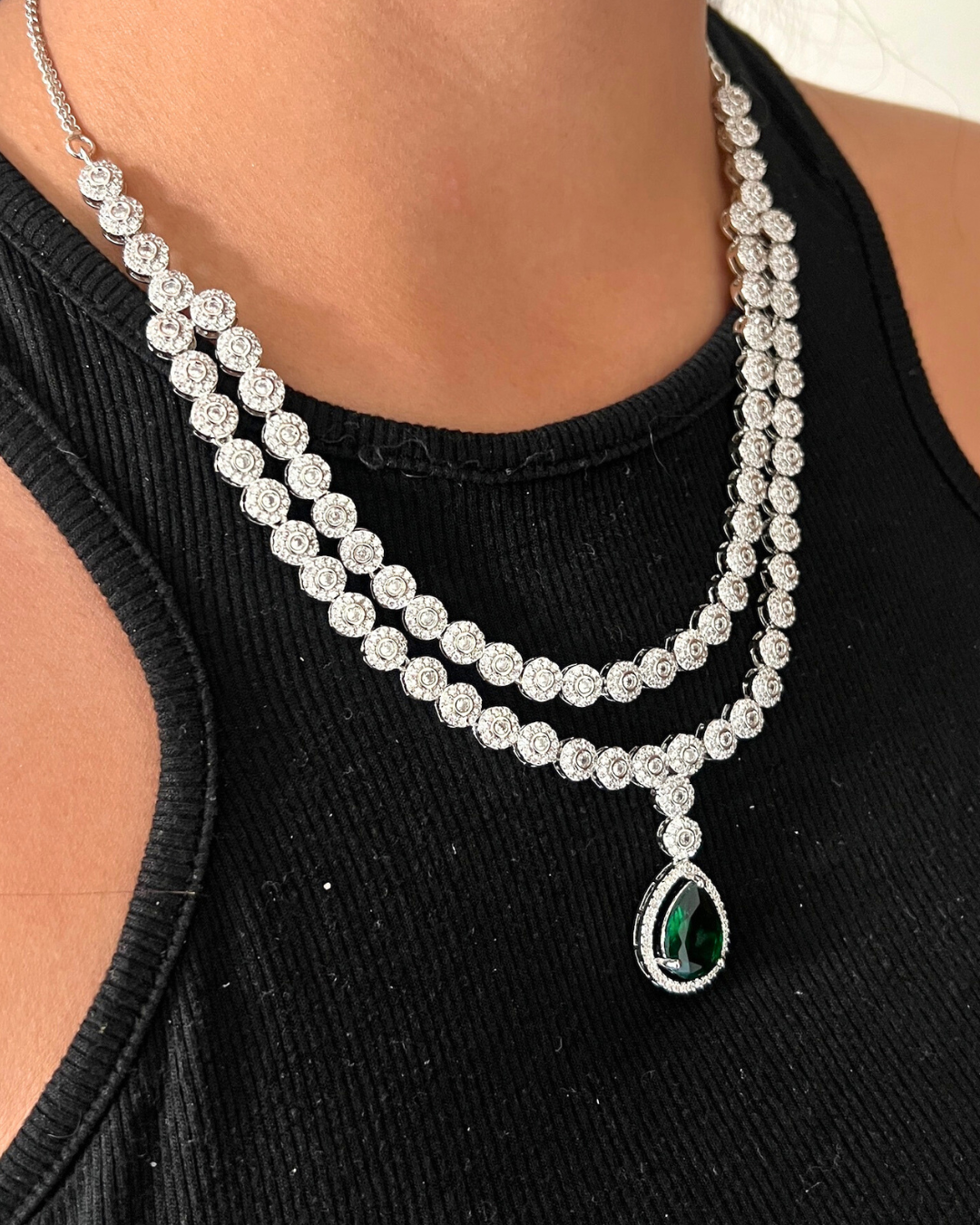 Two-Layer Necklace Set with Green Teardrop Stone and Dangle Earrings